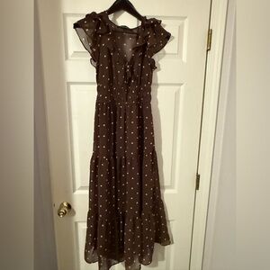 Brown Polka Dot Maxi Dress with Ruffle Sleeves - Women's